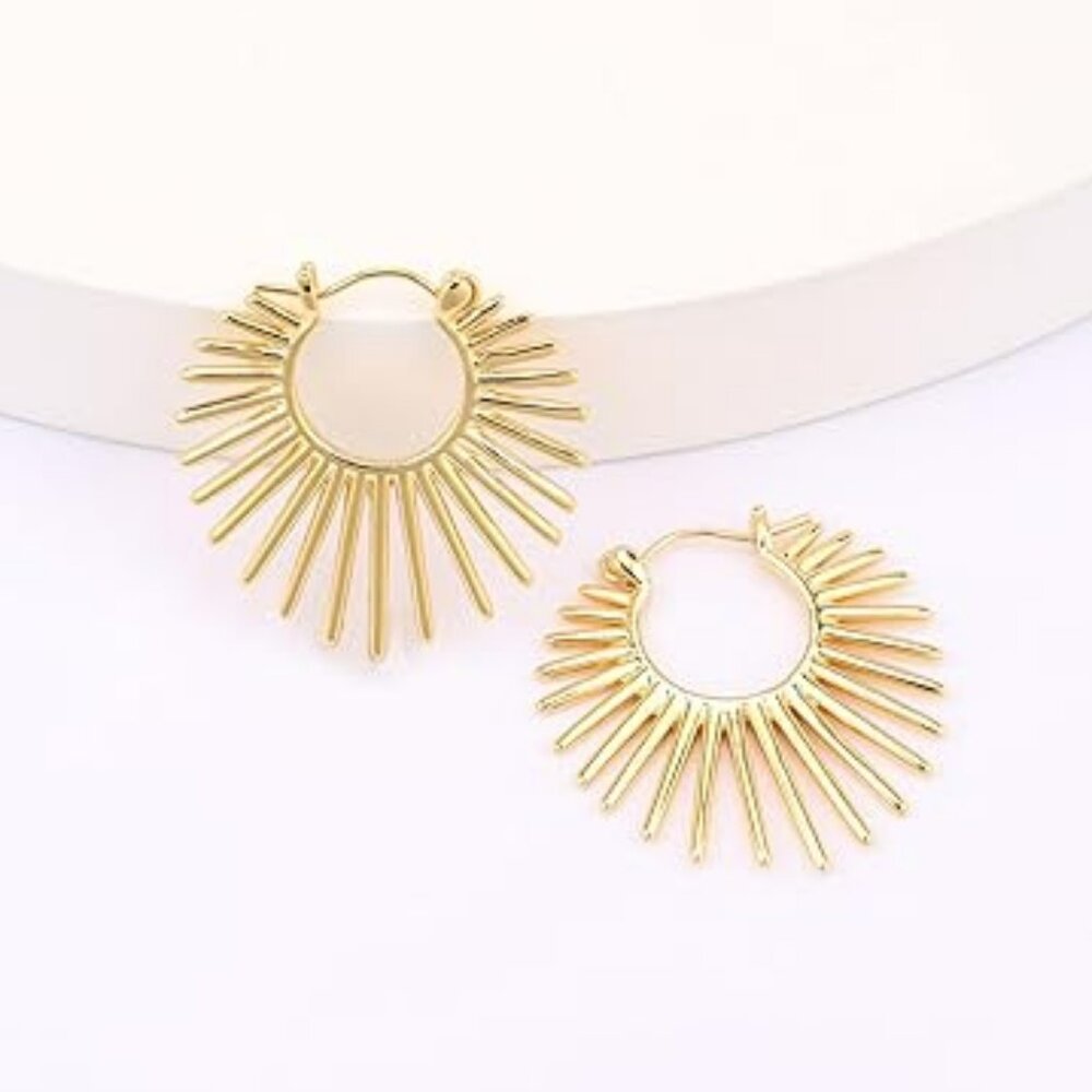 Sunburst Hoop Earrings Trendy Statement‎ Chunky Textured Gold Tone